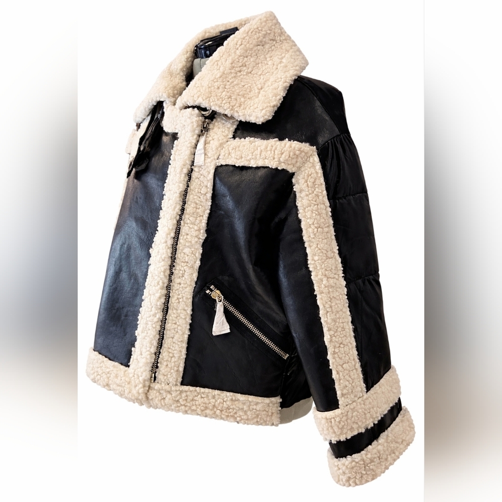 NVLT Women's Black & White Vegan Leather Shearling Fuzzy Coat Jacket Size S/M - Picture 6 of 16